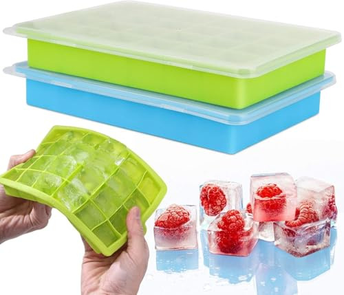 Stampo Ghiaccio Silicone, 2 Pezzi Cubetti di Ghiaccio con Coperchio (Senza BPA), Stampi per il Ghiaccio per Congelare il Porridge del Bambino, Raffreddare Bevande e Cocktail