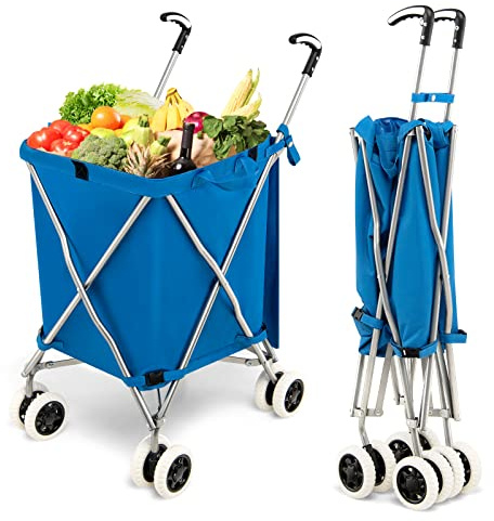 TANGZON 90L 8-Wheel Folding Shopping Trolley, Extra Large Lightweight Shopping Cart with Easy-Grip Handles, Steel Frame Push/Pull Utility Carts for Mobility (Blue)