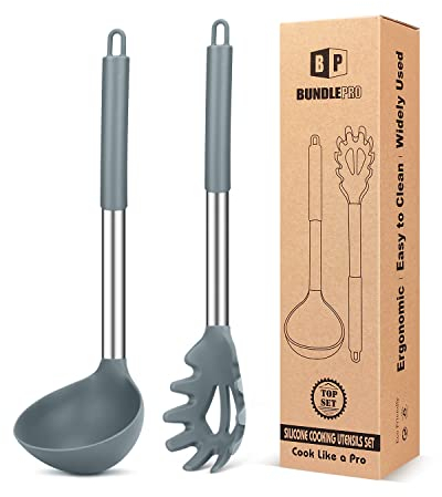 Silikon Pasta Gabel und Pfanne Löffel Set, große Antihaft Küchenutensilien zum Kochen, Rühren, Servieren Spaghetti, Suppe, Sauce