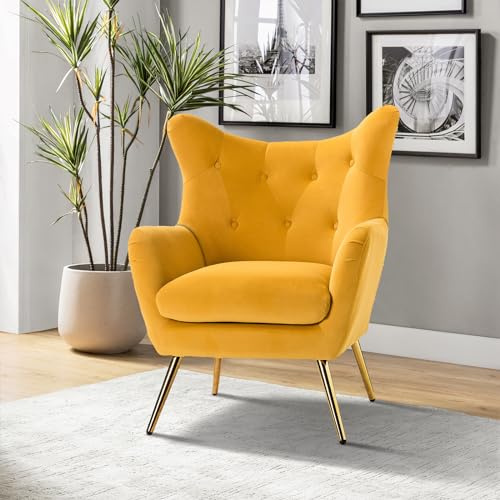 FABRICATION HAUS Sessel, Armsessel, Lehnsessel, bequemer und gepolsterter Loungesessel mit goldenen Metallbeinen, Ohrensessel für das Wohnzimmer, Schlafzimmer, Gelb