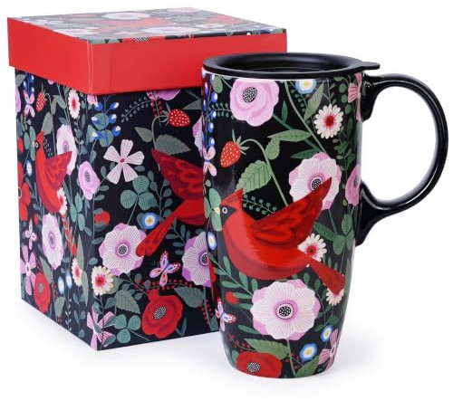 DUSVALLY Cardinal Bird Travel Mug with Lid, 17oz Ceramic Coffee Mug | Floral Tea Cup, Microwave & Dishwasher Safe, Gift Box Included