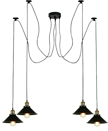 LEDSone 4 Way Spider Pendant Light - Vintage Industrial Ceiling Lights with Metal Black Cone Shades - Retro Lamp, Adjustable 2m Cord with LED E27 Fitting for Decorative Ceiling Lights Living Room