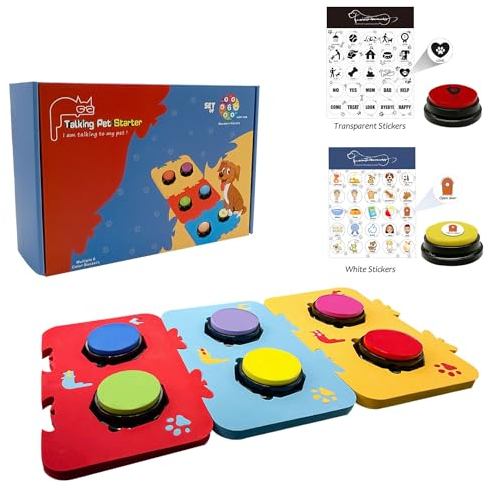 BUYVIKAY Satz von 6-farbigen Hunde Button mit DREI Matten und Aufklebern-Hund Training Buzzer-Aufnahme-Wiedergabe Ihrer eigenen Nachricht, um Ihre Hunde Stimme beizubringen, was sie wollen