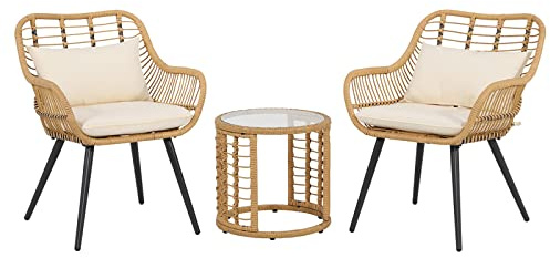JOIVI 3 Piece Patio Bistro Set, Wicker Outdoor Patio Set with Enhanced Comfort Seating, Round Glass Top Coffee Side Table, Patio Rattan Conversation Set for Balcony, Lawn, Garden, Backyard, White
