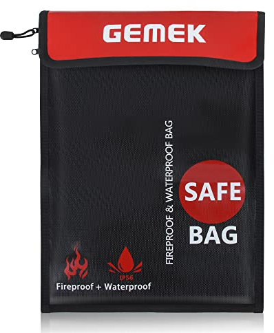 Bolsa de documentos ignífuga (2000℉) mejorada 2 bolsillos, GEMEK 38 x 28cm Bolsa de dinero ignífuga y resistente al agua Almacenamiento seguro ignífugo para dinero,documentos (Negro - 2 cremalleras)