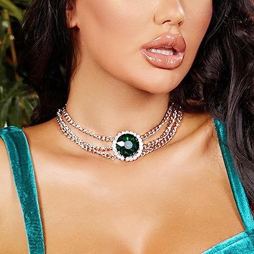 Wendalern Collier ras du cou vert émeraude multicouche diamant rond émeraude pierre de naissance collier pendentif en cristal vert triple chaîne courte bijoux pour femme
