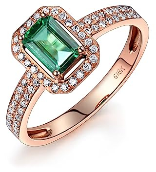 Smaragd Ringe, Damen Ringe Vintage 18 Karat Roségold Rechteckiger Runder Smaragd Diamant Komfort Fit Größe 58 (18.5)