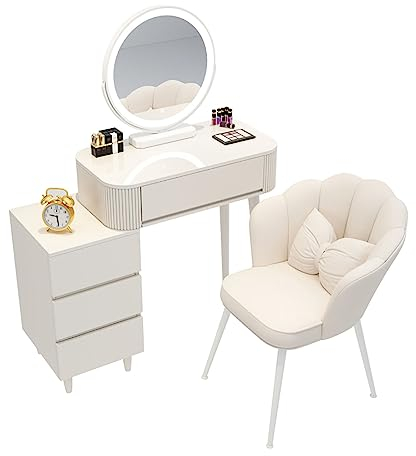 AMOCHO Schminktisch-Set Mit 4 Schubladen, Aufbewahrungshocker, Lichtern in 3 Farben für Schlafzimmer, Studio, Weiß (50CM)