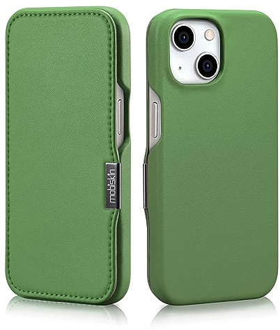 Mobiskin Hülle für iPhone 15 (6,1 Zoll), Handyhülle mit Leder, Case kompatibel mit MagSafe, Schutzhülle, Handy-Tasche, Slim Cover, dünn, Grün