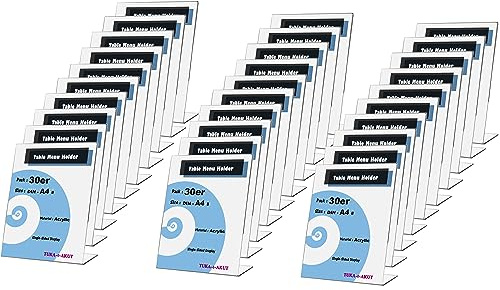 TUKA 30X A4 Hoch Acryl Anzeige-Ständer Plakataufsteller, Tischaufsteller Schräg L-Ständer, Prospektständer Werbeaufsteller Flyer-Display Speisekartenhalter aus 2,5mm Acryl Glaskla, TKD8200-A4-30x