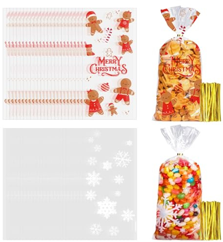 Lot de 100pcs Sachet Biscuit Noel, Sacs de Biscuits Bonbons de Noël avec 100pcs Cravates Torsadées, Sachets de Transparent en Plastique Cadeau pour Fête de Noël Patisserie Gateau Chocolat