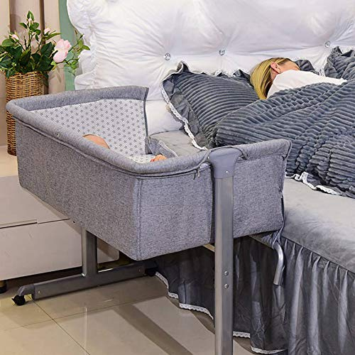 Cododo-Wiege für Babys, höhenverstellbar, Babybett mit weicher Matratze und Moskitonetz, 4 Räder, für Babys von 1 bis 36 Monaten (96 x 57 x 77 cm, grau))