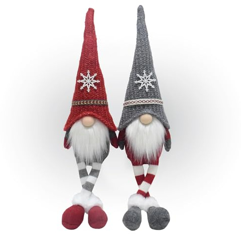 Lemodo Kantenhocker Wichtel Weihnachtswichtel als 2er Set, Wichtel-Figur 54,0 cm hoch, Tomte mit Schneeflocken auf den Strickmützen, GNOME als schöne Weihnachtsdeko, Weihnachts-Deko für drinnen