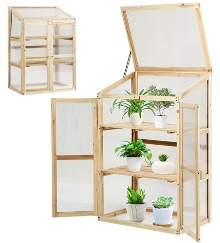 COSTWAY 3 Etagen Frühbeet Holz, Hochbeet wetterfest, Gewächshaus mit 2 Türen & Deckel, Polycarbonat-Fenster, Pflanzenbeet Aufzuchtschrank Treibhaus, für Garten Balkon, 60 x 45 x 100 cm, Natur