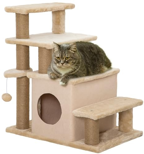 PawHut scala per animali domestici, scala per gatti regolabile in altezza a 3/4 gradini con grotta per dormire 2 in 1 pratica rampa per cani di piccola taglia e gatti Ausilio di accesso per letti alti