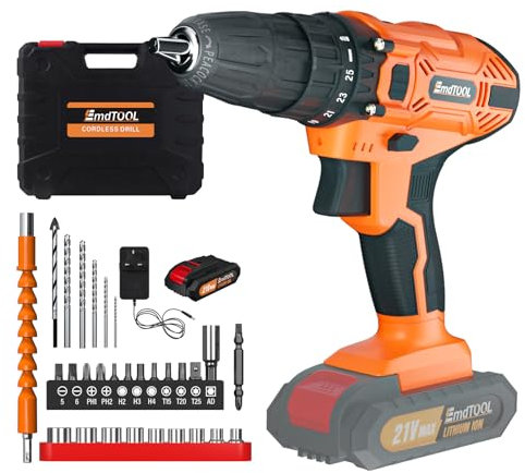 21V Cordless Drill Driver, 45N.m Max Impact Drill with 3/8 Inch Chuck, 1 Batteries, 29pcs Accessories, 25+1 Torque, 2-Speed, Built-in LED for Drilling Wall, Wood, Metal, DIY Project, Orange