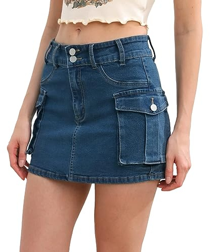 YILEEGOO Falda cargo de mezclilla vintage para mujer, cintura baja, con botones, entallada Y2K, bolsillos con solapa, azul, M