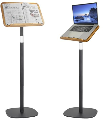 OUUTMEE Lesebuchständer, anhebbarer Beistelltisch, Winkelverstellung, Metallstruktur, Laptop, Kochbuch, Zeichenbrett, Holz, Bewegen Rednerpult,Schwarz,50-170 cm