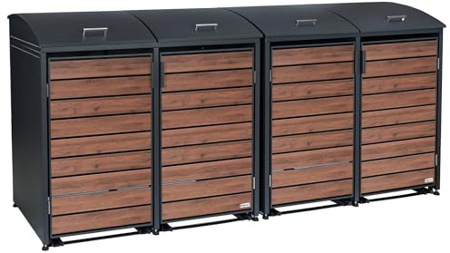 Zelsius Mülltonnenbox 4 Tonnen mit abgerundetem Deckel | 120-240 Liter | Walnuss, RAL7016 | Tür in Holzoptik mit Erweiterungsmöglichkeiten | Mülltonnenbox 4er Aufbewahrungsbox für Mülltonnen