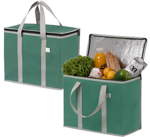 VENO 2-pack kylväska och isolerade livsmedelsväskor för matleverans, hopfällbar kylare, återanvändbara shoppingväskor för livsmedel med dragkedja, vikbara, kraftiga, stående stående (grön, 2-pack)