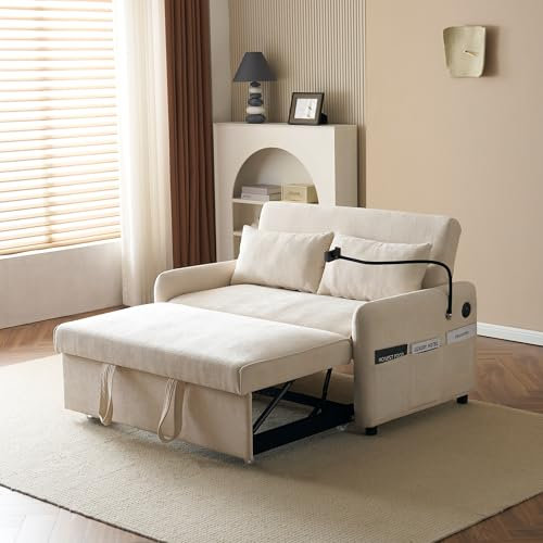 Ymkua Klappbares Schlafsofa mit Schlaffunktion, Sofa Eckcouch mit Rollbett, Bettsofa mit Stauraum und USB-Port, Loungesofa mit Handyhalte für Wohnzimmer, Schlafzimmer, Chenille, 129x76x81 cm (Beige)