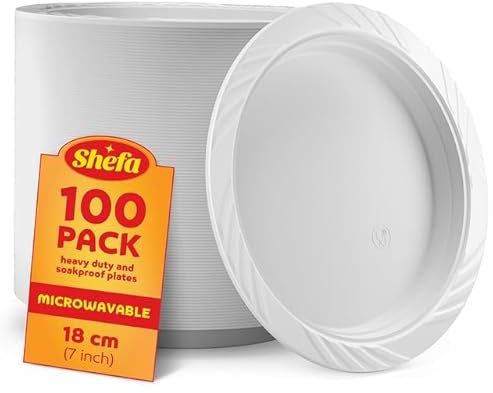 Shefa Lot de 100 assiettes blanches réutilisables et lavables, très résistantes, passent au micro-ondes, idéales pour les anniversaires, les fêtes, le camping, la restauration (assiettes blanches de