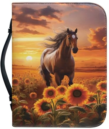 Ceudet Bibelhülle, personalisierbar, PU-Bibelschutz, Buchhülle, Bibel-Tragetasche, Sonnenuntergang Pferd Sonnenblume, M