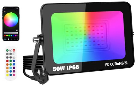 YOJZMA 1-pack 50 W LED-strålkastare utomhus, smart RGB gör-det-själv-scener färgskiftande landskapsbelysning med APP-kontroll, IP66 vattentäta strålkastare med kontakt för trädgård gård scen hus