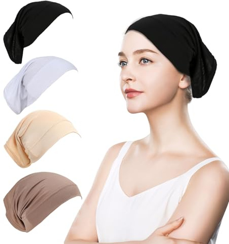 4Pcs Hijab Undercap Breathable Modal Elastic Head Wraps for Women Islamic Muslim Under Hijab Cap Inner Under Scarf Hat Turban with Tie Back Closure for Girls Makeup Sleep Shopping