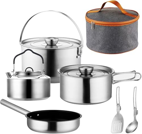 6Pcs Stainless Steel Camping Cooking Set with Travel Tote Bag for Outdoor Cooking, Picnic, RVs