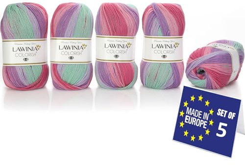 LAWINIA COLORISH Luxury Rainbow Yarn DK, Rainbow Wool for Knitting, Pack of 5 Each 100g - 350m 100% Acrylic DK Knitting Yarn, Multicoloured Wool, Ombre