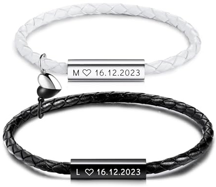 OTXIXTO Personalisiertes Partnerarmbänder mit Gravur Namen Symbole Pärchen Armband mit Paar Herz mit Gegenseitiger Anziehung Lederarmband für Damen Männer Ein Geschenk für Ihre Liebsten - A2
