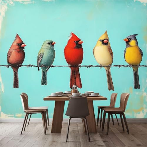 Carta Da Parati 300 x 210 cm Fatto su Misura Poster Decorazione da Muro Murale di Sfondo Texture Uccelli Filo Metallico Pittura A Olio, per Soggiorno Camera Ristorante Camera dei Bambini, Rosso Blu