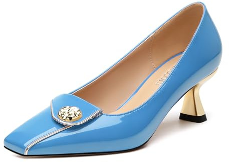 Muikecors Women's Kitten Heels Square Toe Low Heel Pumps Closed Toe Patent Slip On Pumps Womens Work Dress Office Wedding Party Shoes 2 Inch Sky Blue Patent Size 11