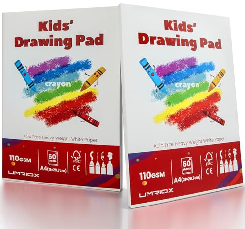 Umriox 2 Packs Drawing Pads for Kids,50 Sheets 110gsm Acid Free Drawing Pages A4 Drawing Paper,Total 100 Sheets Glue-Bound Art Sketchbook Painting Writing Sketching Pad for Kids