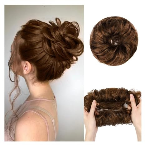 Unordentlicher Haarknoten aus Echthaar, lockige Chignon-Extensions mit Gummiband, 100 % Echthaar, unordentlicher Haarknoten, Haarteil for Frauen Hair Ponytail for Women Girls(Light Brown)