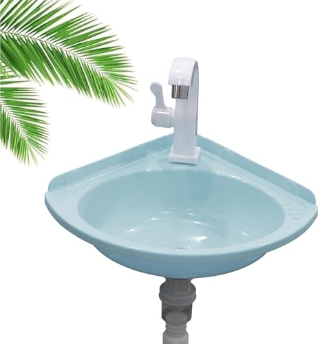 Lavabo de baño pequeño de esquina de plástico para montaje en pared con kit de drenaje, ahorro de espacio, fregadero de caravana y sótano con grifo, diseño compacto y elegante para espacios pequeños