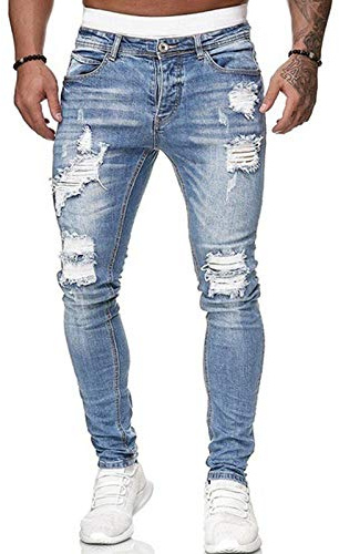 Men's Stretch Skinny Ripped Jeans, Super Comfy Distressed Denim Pants with Destroyed Holes (#17 Light Blue, M)