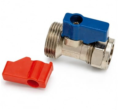 15mm x ¾ BSP Brass Isolation Valve with Blue & Red Lever Handles – Quarter Turn Compression Ball Valve for Hot & Cold Water | Durable Plumbing Fitting for Kitchen, Bathroom & Garden Tap Systems