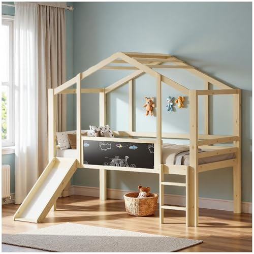 Wyibwy Cama infantil de 90 x 200 cm con escalera y tobogán, con pizarra, diseño de casita, cama alta de madera maciza (sin colchón) (natural)