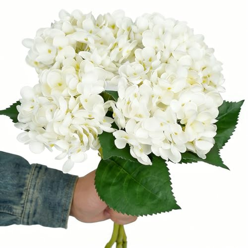 YELIKIT Hortensien Blumen Weiße Seide Künstliche Blumen Pflanzen Realistische Berührung Braut Hochzeit Blumensträuße für Blumendekoration Haus Garten Party Büro Dekoration 4 Stück
