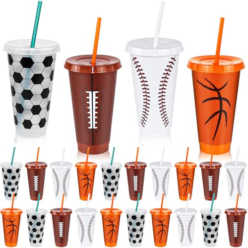 MSYU Lot de 24 gobelets réutilisables en plastique sans BPA avec couvercles et pailles, 710 ml, idéal pour les fêtes de football, récompenses d'entraîneurs et cadeaux d'anniversaire pour enfants