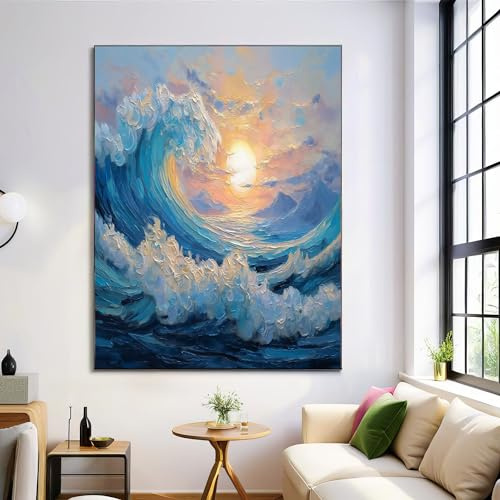 Quadro Onde 3D Tramonto Quadri Dipinto Ad Olio In Rilievo Astratto Blu Navy Soggiorno Da Parete Grande Stampa Su Tela Canvas Decorazione Murale Muro Arredo Camera Da Letto, 50X70Cm, Senza Cornice