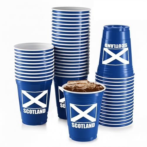 Komonee 12 x Scotland Blue Cups 500ml (16oz) - Wide Rimmed Disposable Plastic Glasses for World Cup, Football, Euros, Rugby, Scottish Parties & Adult Novelty
