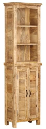kithwjll Solid Mango Wood Bookcase 50 x 30 x 180 cm with 3 Shelves and Cupboard Compartment, Slim Tall Rustic Standing Shelf for Living Room or Library