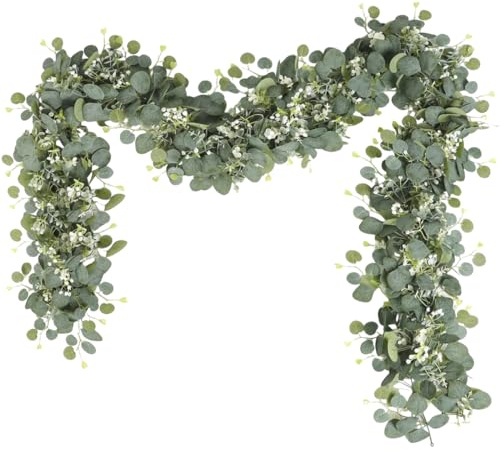 LUDHEP Ghirlanda di Eucalipto Artificiale 180cm, Guirnaldas Artificiales con Foglie Verdi e Fiori Bianchi, Foglie Finte Realistiche per Decorazioni del Giardino Sfondo Muro Arco di Nozze