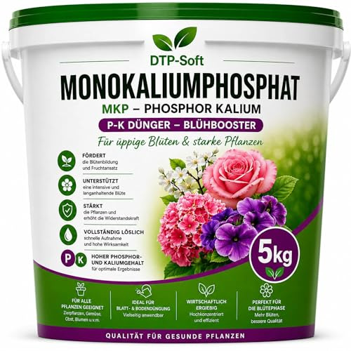 DTP-SOFT Monokaliumphosphat Dünger 5kg/5000g Eimer - MKP P-K Dünger wasserlöslich - Blühdünger und Kalium Phosphor für Tomaten, Gemüse, Obstpflanzen, Balkonpflanzen - chlorfrei