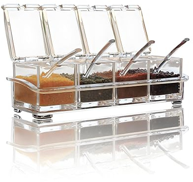 Clear Seasoning Box,V-Resourcing 4 Pieces Clear Seasoning Storage Container for Spice Salt Sugar Cruet,Condiment Jars with Spoons…