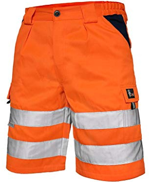 CXS arbetsshorts Norwich hög synlig, varningsskydd shorts synliga, korta arbetsbyxor i signalfärg, korta varningsskyddsbyxor med reflexremsor, EN ISO 20471, 280 g/m2, apelsin, 56 SE