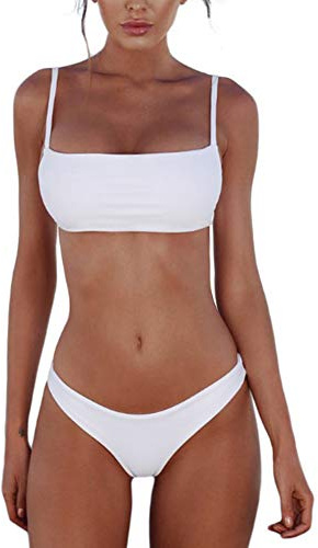 meioro Costumi da Bagno per Donna a Due Pezzi Bikini a Vita Bassa Abito Tankini Push Up (S,Bianca)